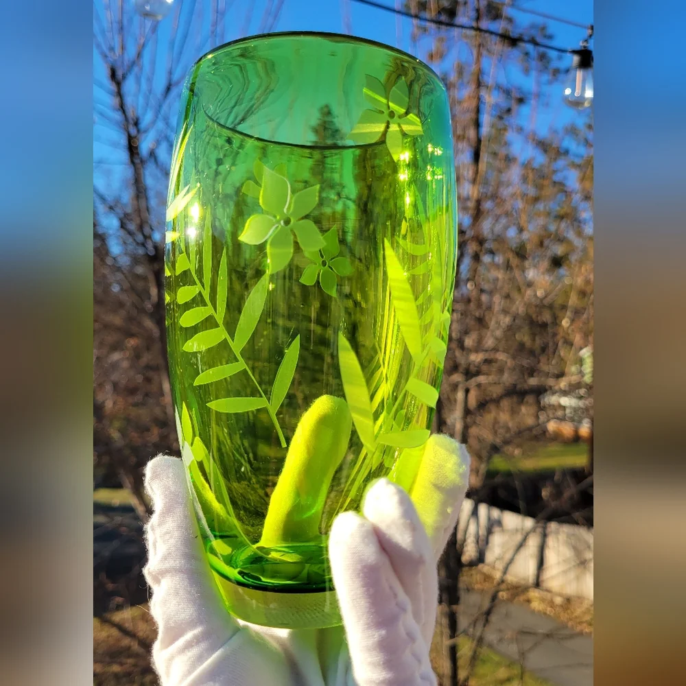 Crate & Barrel Lime Green Etched Vases Glasses Tumblers Hand Blown